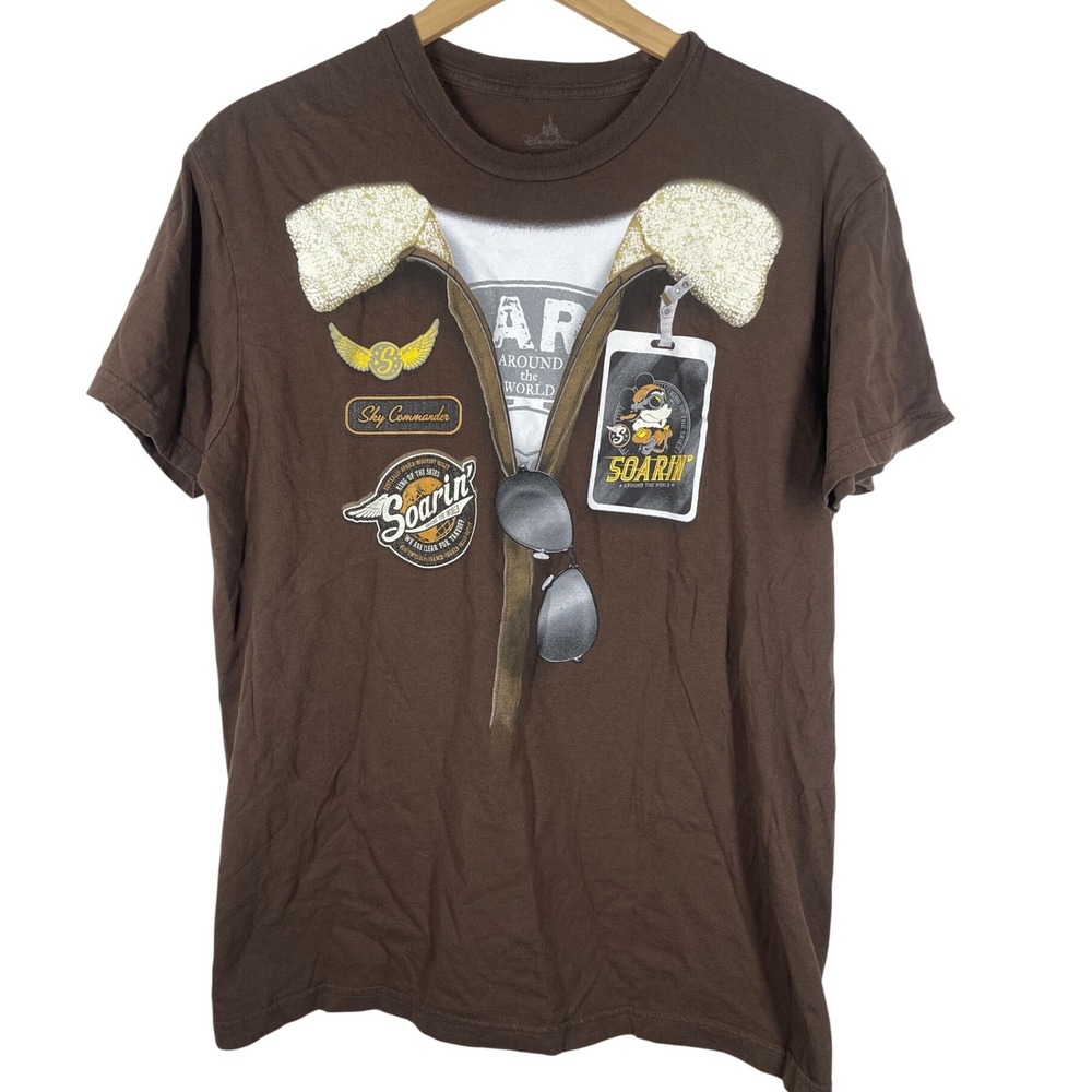 Disney Parks Soarin Around The World Pilot Uniform Graphic T-Shirt Brown Mens M